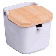 Saleiro De Mesa 9x9x8,5cm De Cerâmica Com Tampa De Bambu E Colher Bianco